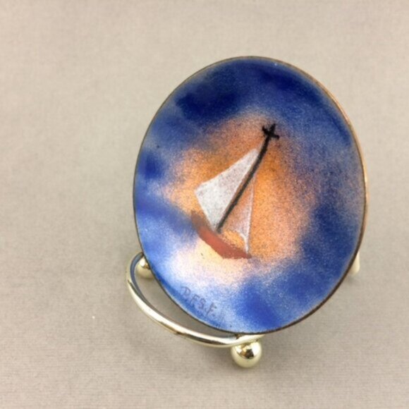 Small Enamel on Copper Sailboat Plate Trinket Dish Artisan Made Nautical Signed - Picture 2 of 16